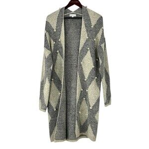 Neiman Marcus Women Sz L Long Open Cardigan Diamond Print Popcorn Stitch Cozy E4